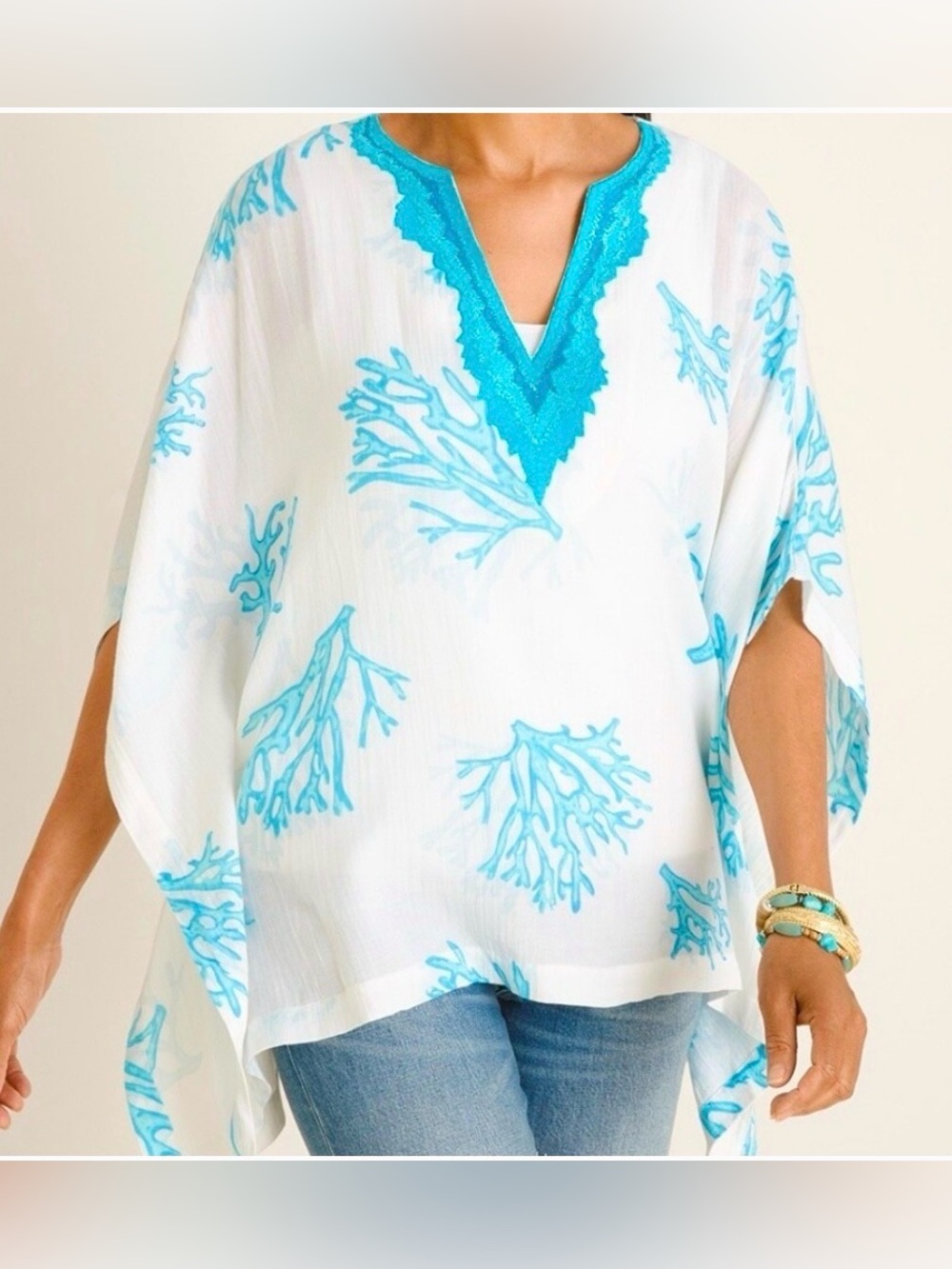 Chico's Coral Shade Spring‎ Beachy Poncho White & Blue Cotton Blend Size S/M NWT